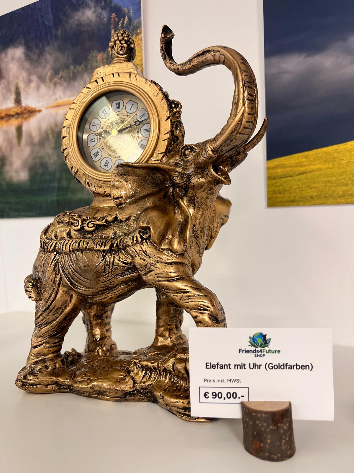 DEKORATIVER ELEFANT MIT UHR (GOLDFARBEN), H=36cm